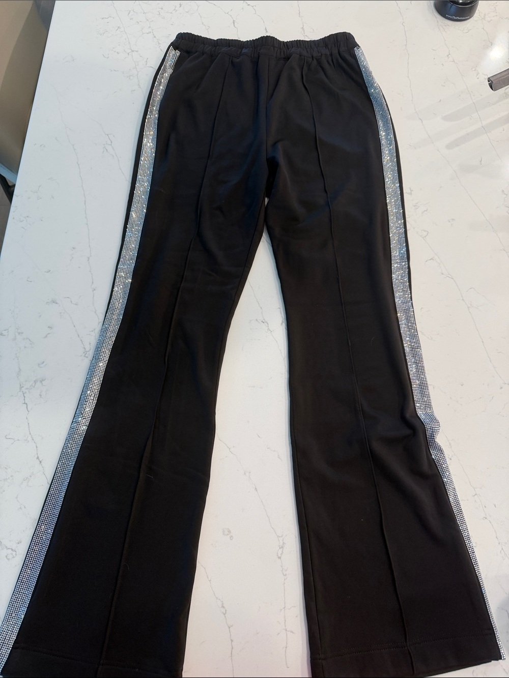 Carbon38 Black Wide-Leg Pants with Silver Sequin Side Stripes